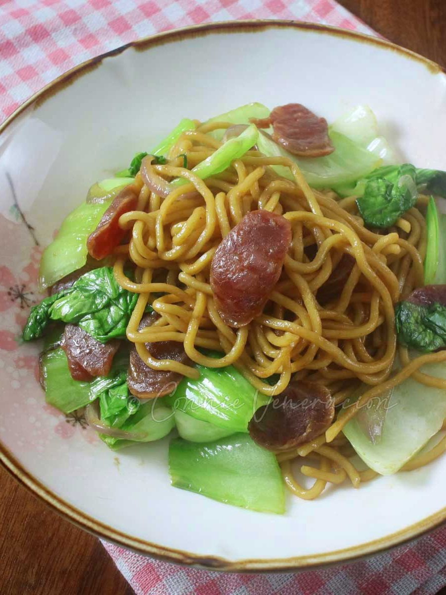 Stir fried noodles, Chinese sausage and bok choy