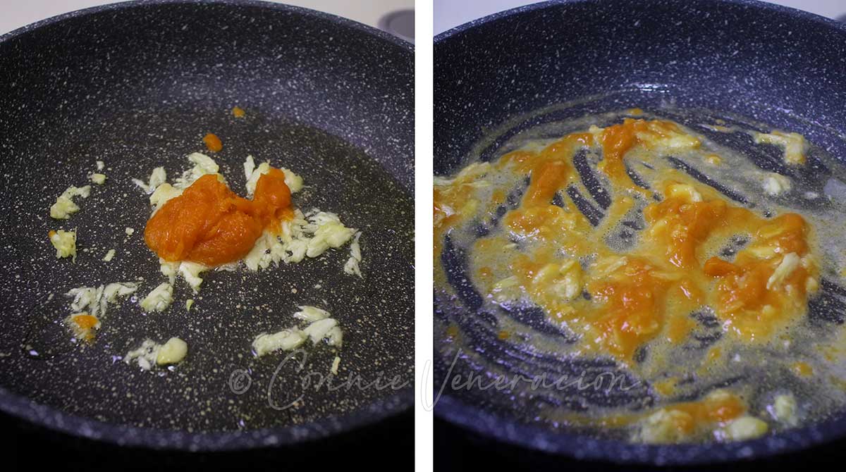 Adding salted egg yolk paste to garlic in oil