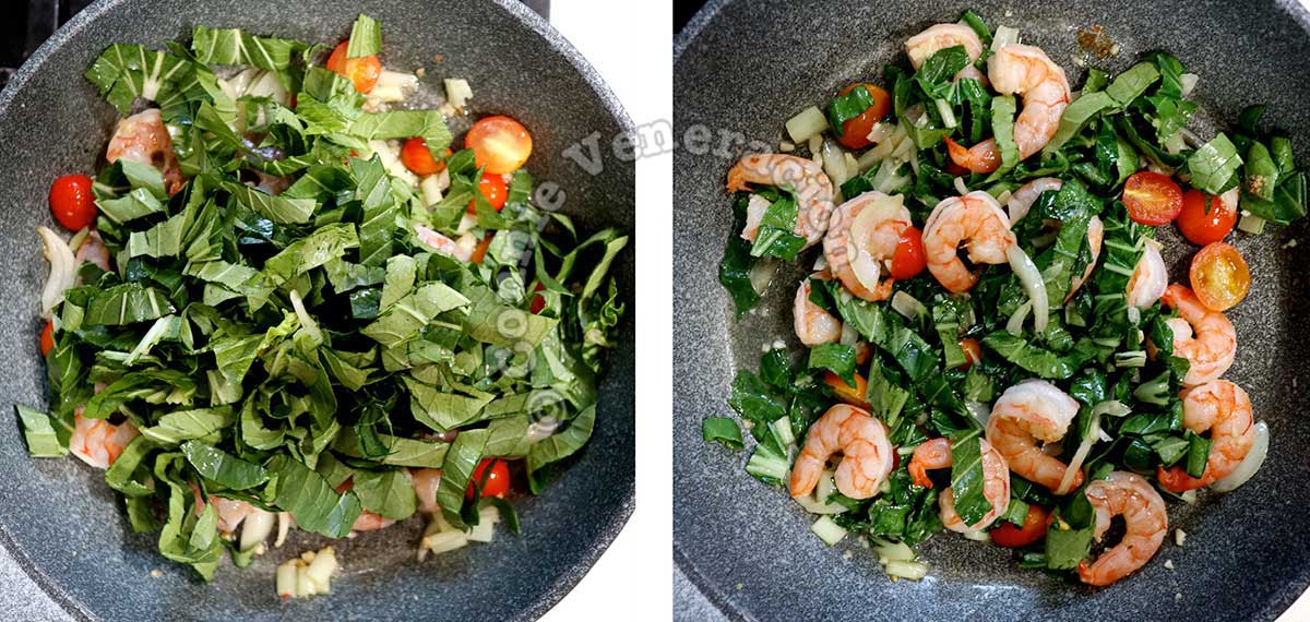 Adding bok choy leaves to shrimps and sauteed shallot, tomatoes, garlic and ginger in pan