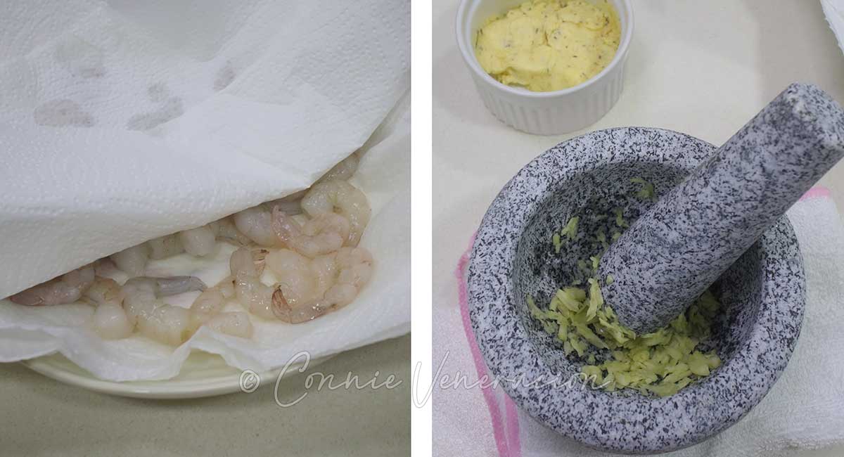Shrimps pressed between stacks of paper towels / Crushing garlic with mortar and pestle