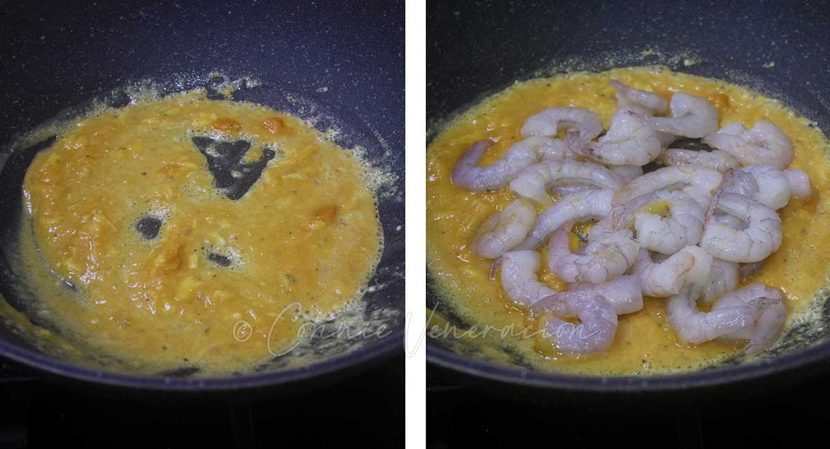 Adding shrimps to herb butter, garlic and salted egg yolk paste in pan