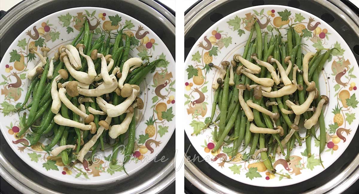 Steaming green beans and mushrooms