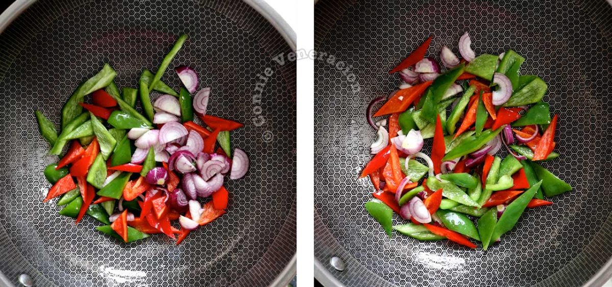Stir frying vegetables for sweet sour pork