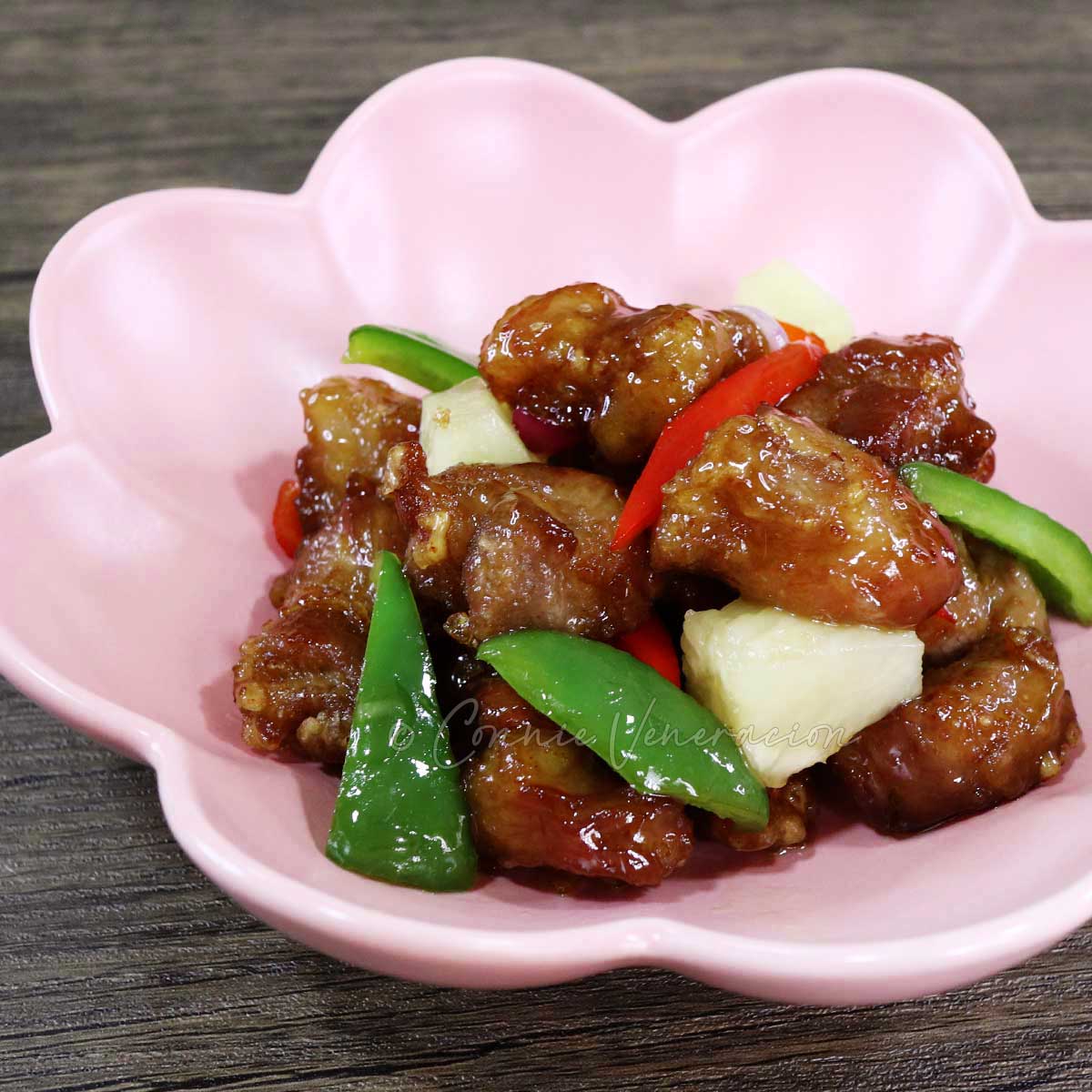 Sweet sour pork with pineapple chunks and vegetables