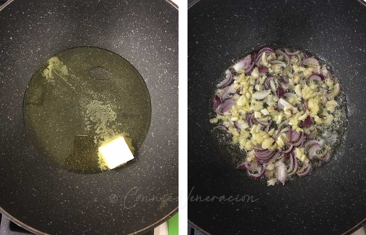 Sauteeing onion and garlic in olive oil and butter