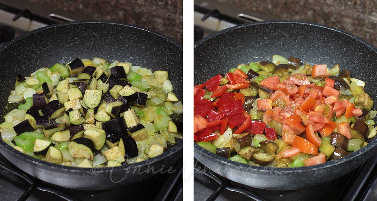 Adding eggplants, tomatoes and bell peppers to sauteed onion, garlic and celery