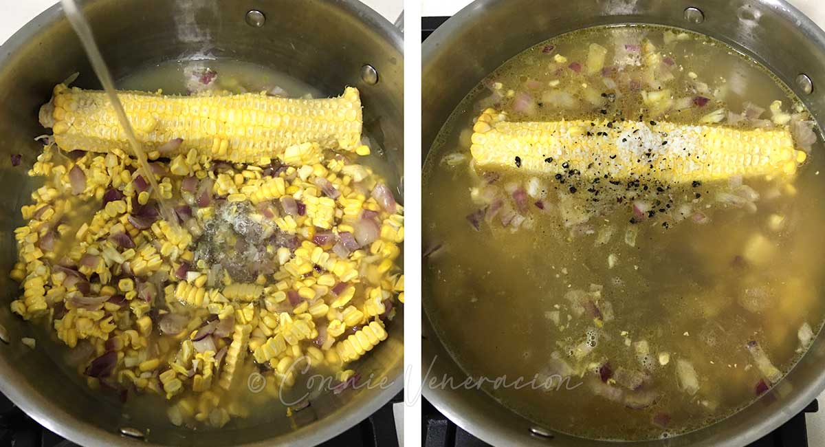 Pouring broth into pot with corn