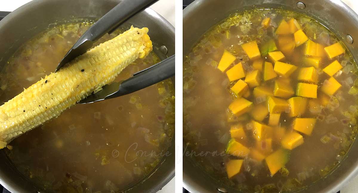 Removing corn cop from pot and adding squash cubes