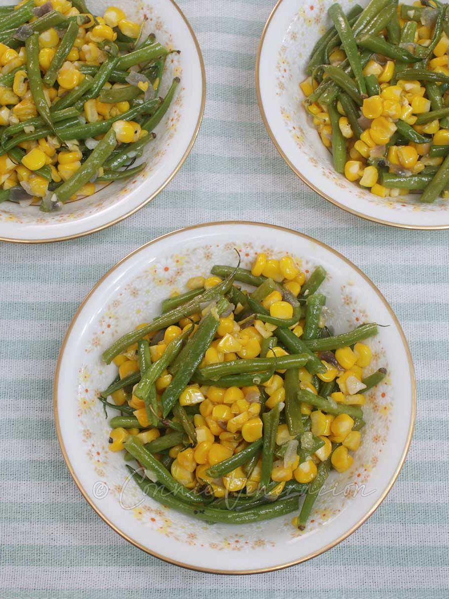 Garlic butter corn and green beans in Noritake bowls