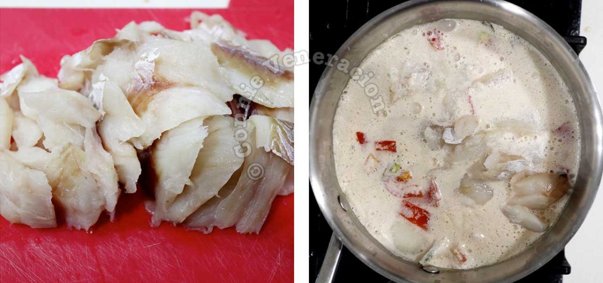 Adding fish to pot to make Thai fish coconut cream soup (tom kha pla)