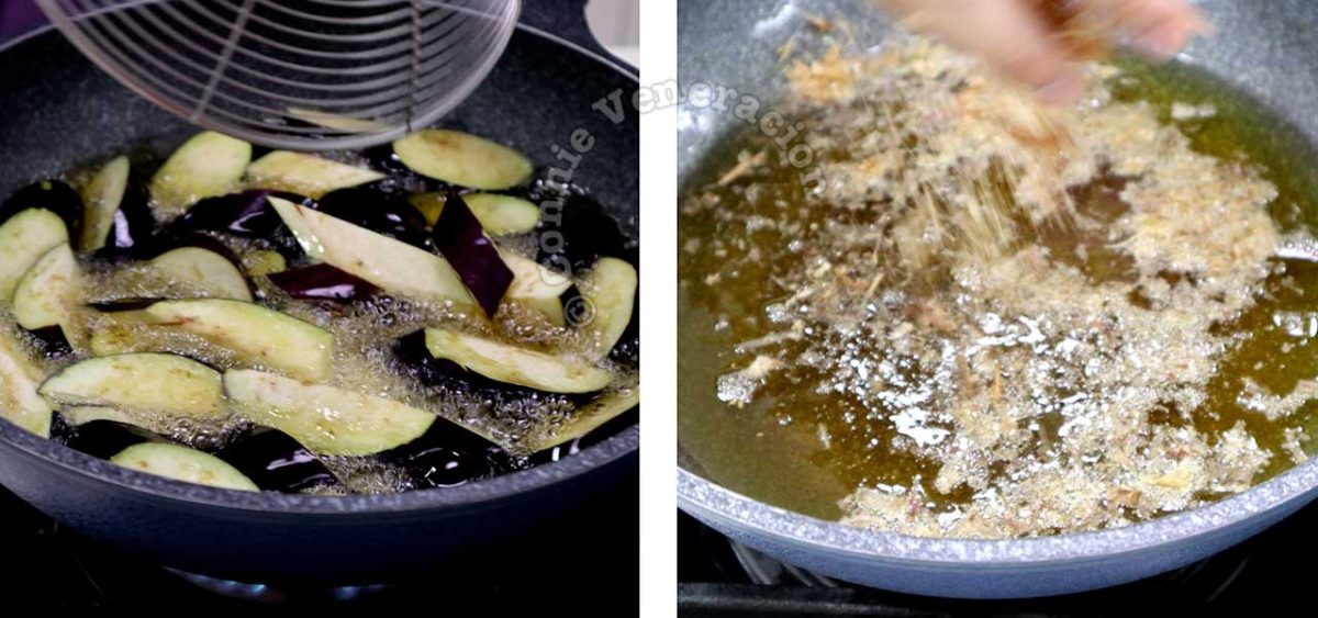Frying eggplants and bonito flakes