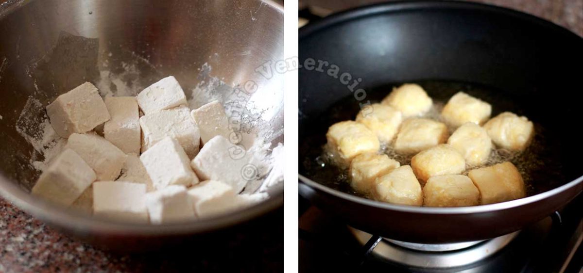 Flouring and frying tofu cubes