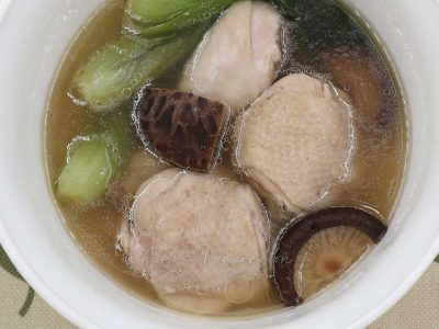 Japanese-style gingered chicken, shiitake and bok choy soup