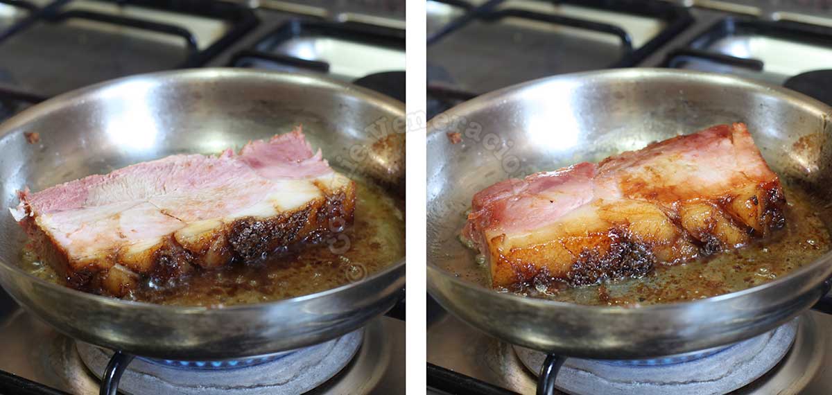Browning a thick slice of ham in butter