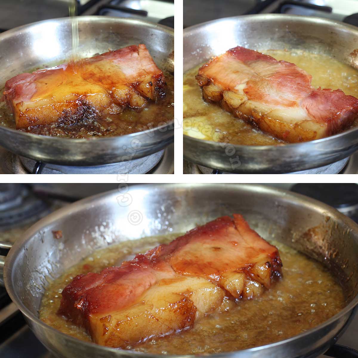 Pouring honey over ham browned in butter