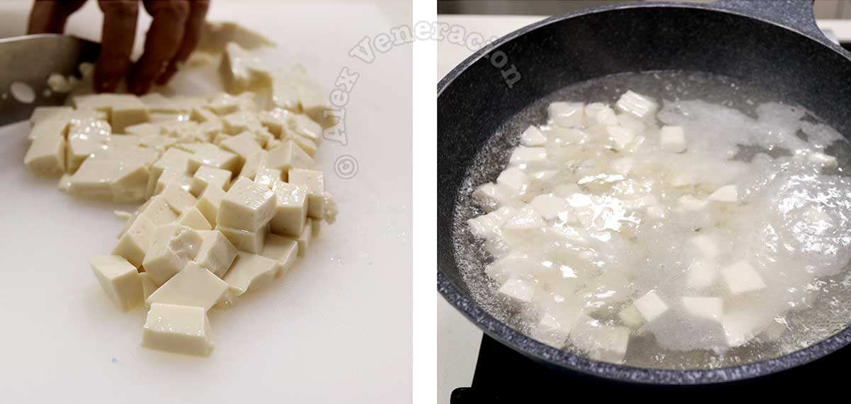 Parboiling cubed soft tofu