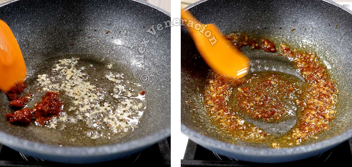 Adding doubanjiang to sauteed garlic