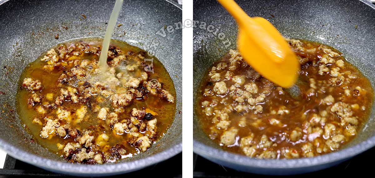 Pouring broth into wok with ground pork and spices