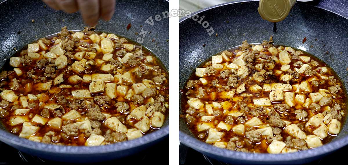 Seasoning ma po tofu in wok