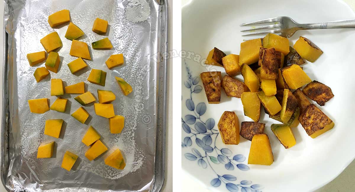 Squash cubes before and after roasting