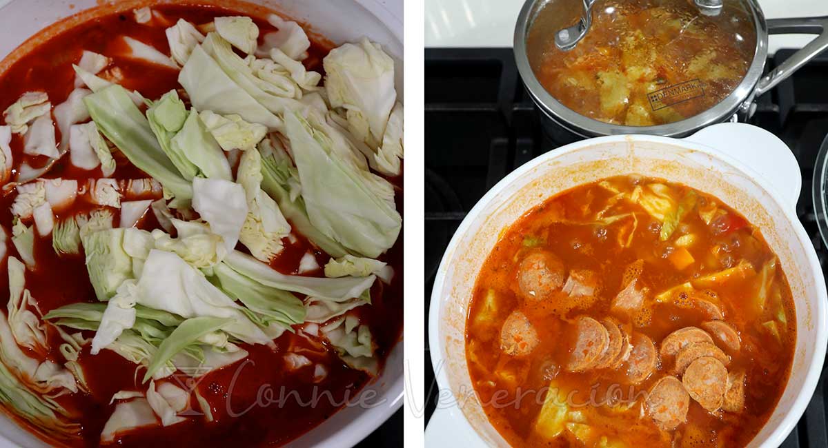 Adding cabbage and sliced sausages to minestrone