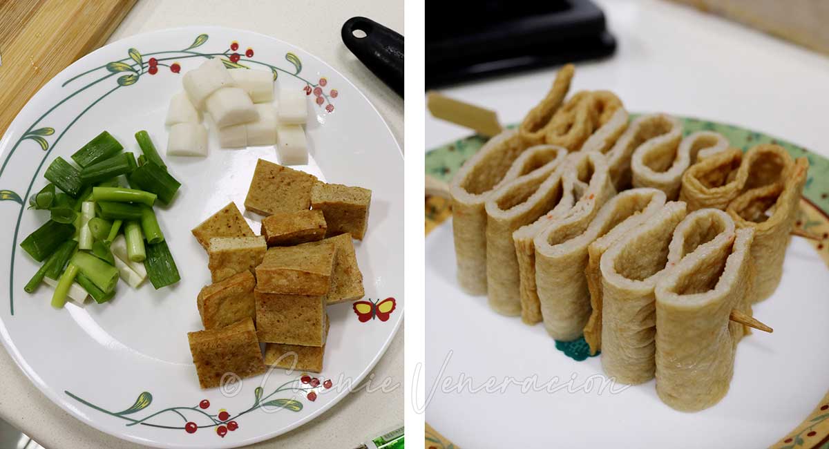 Tofu, radish, scallions and skewered Korean-style fish cakes