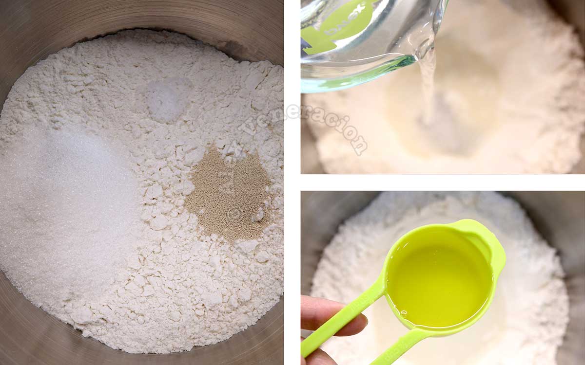 Mixing flour, water, salt, sugar, yeast and oil in mixing bowl