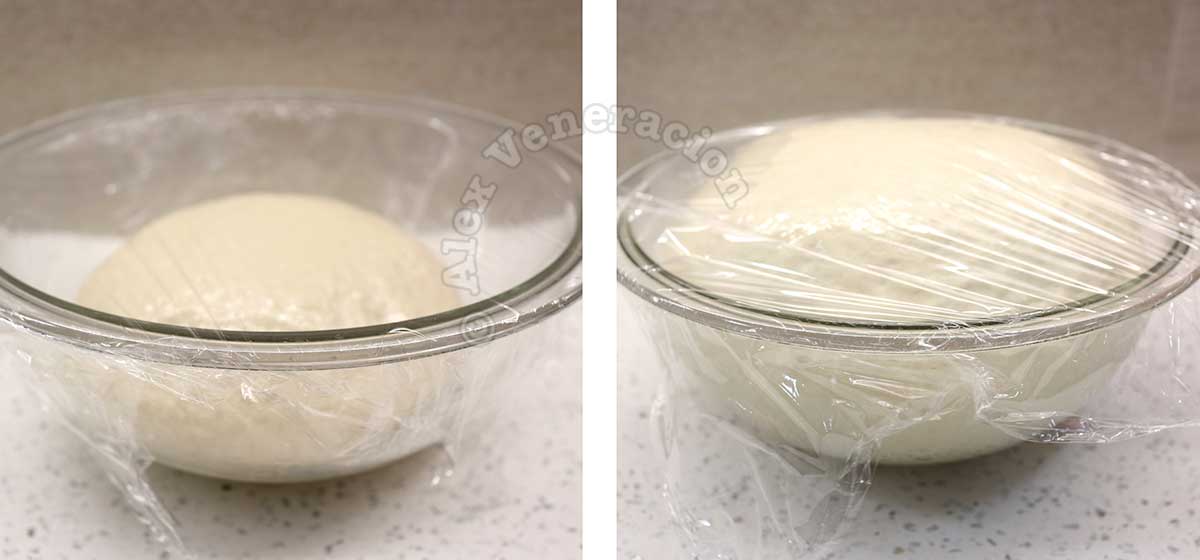 Pandesal dough before and after rising