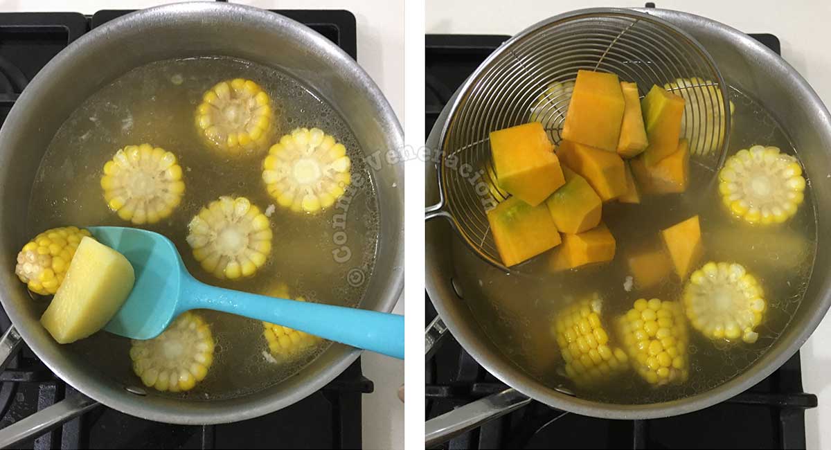 Simmering sweet corn, potatoes and squash in pork broth