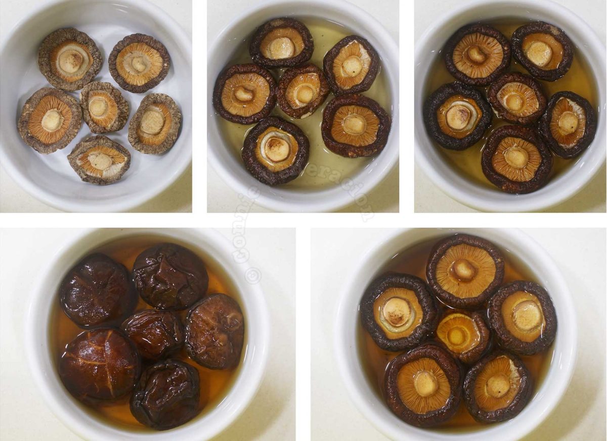 Dried shiitake before and after rehydrating