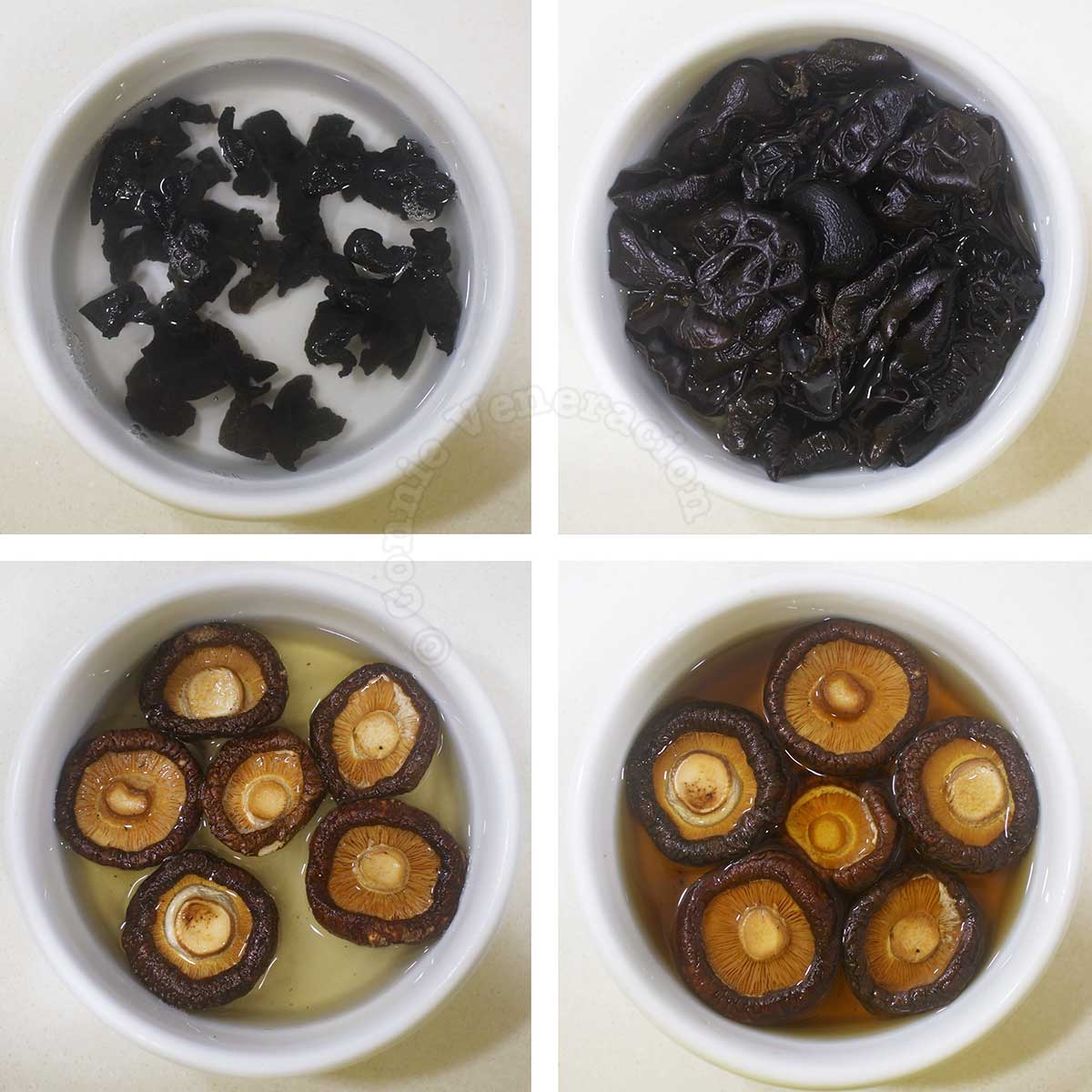 Dried black fungus and shiitake before and after rehydrating
