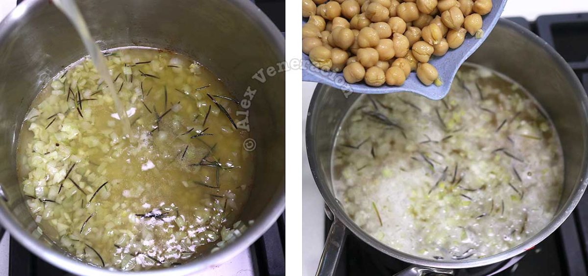 Pouring broth and adding chickpeas to pot