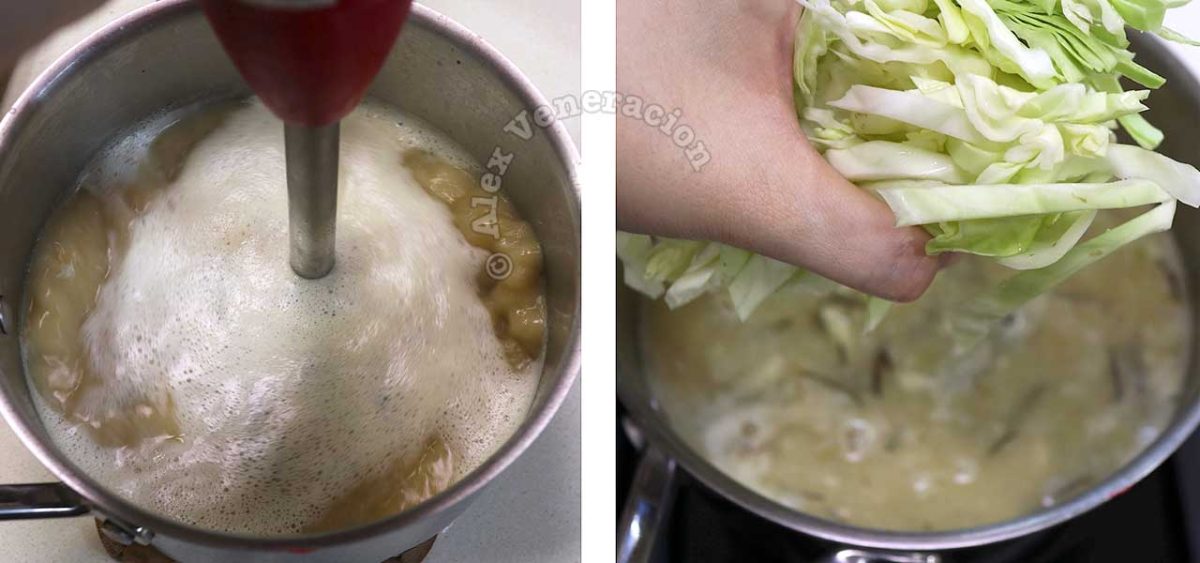 Pureeing chickpeas in pot / adding shredded cabbage to soup