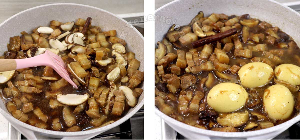 Adding shiitake and hard-boiled eggs to Taiwanese braised pork belly in wok