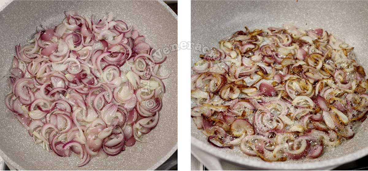 Browning sliced shallots in wok