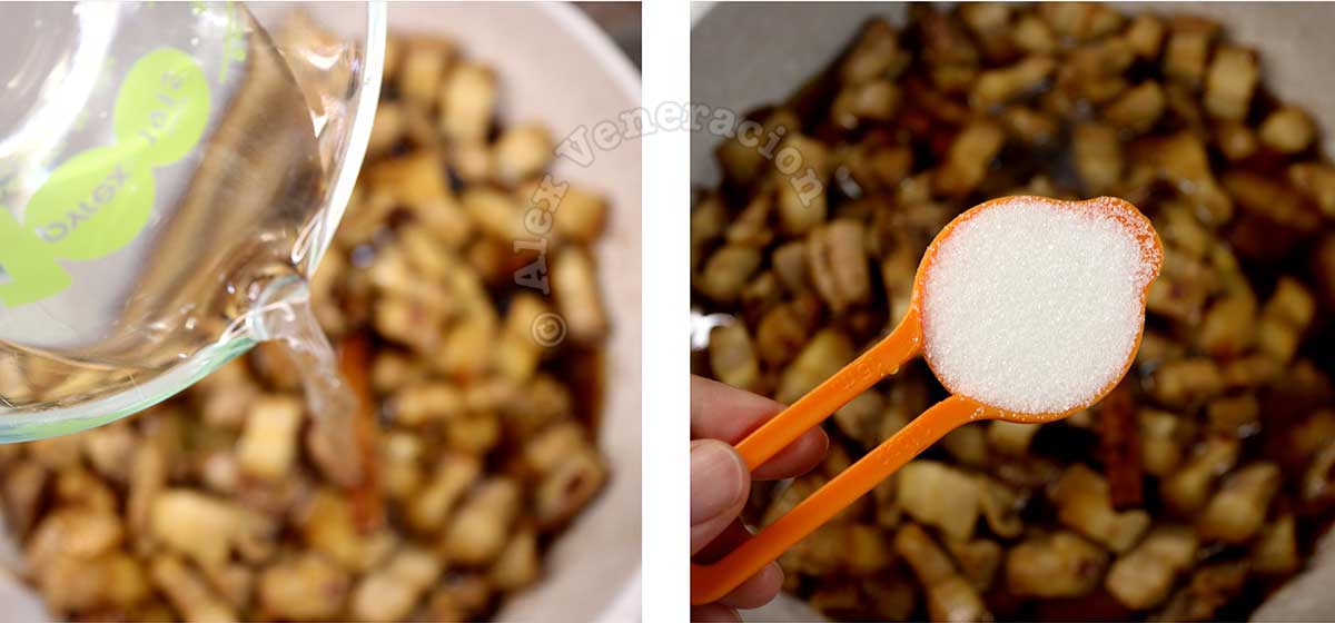 Adding water and sugar to pork in wok