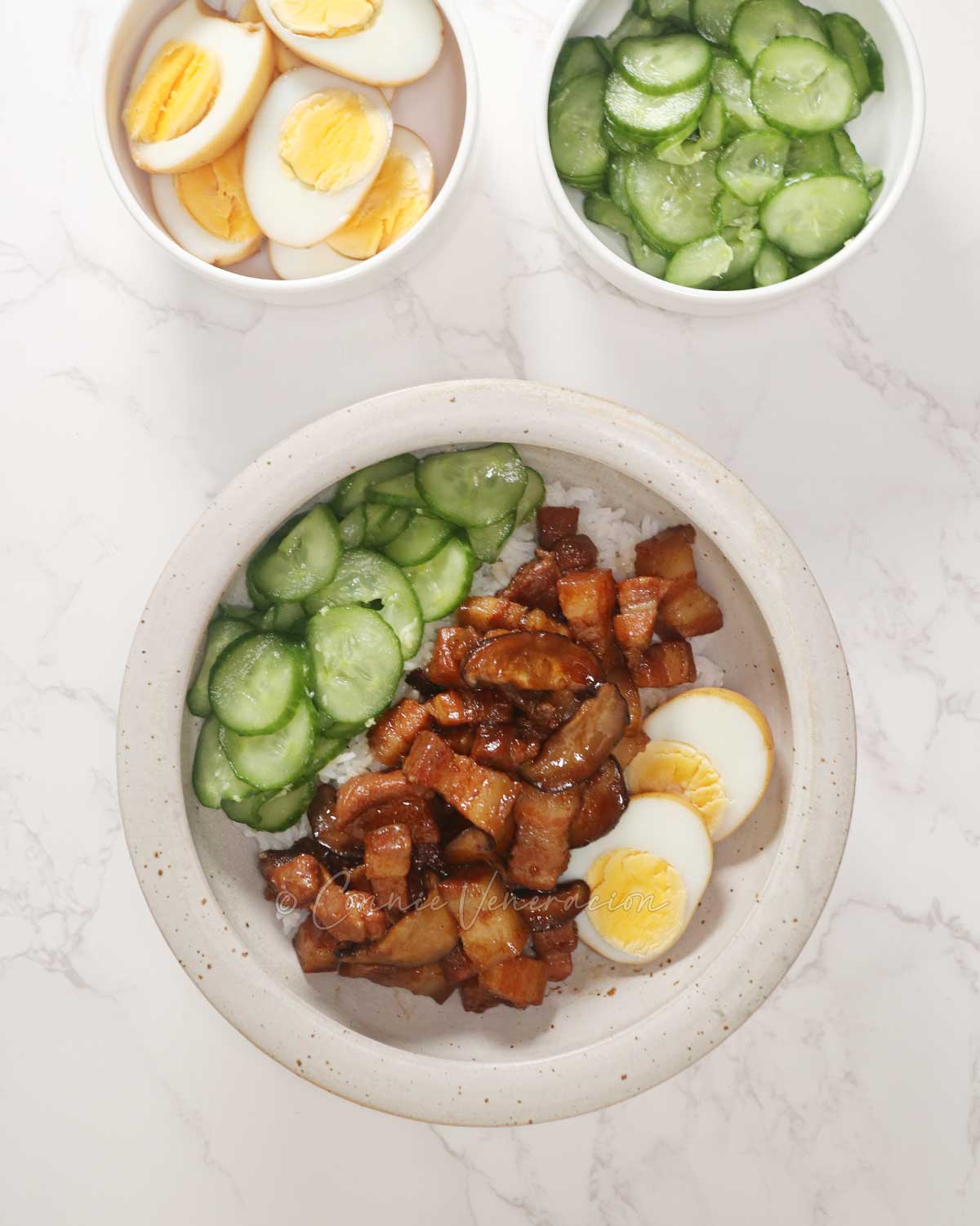 Taiwanese braised pork belly served over rice with pickled cucumber and halved egg on the side