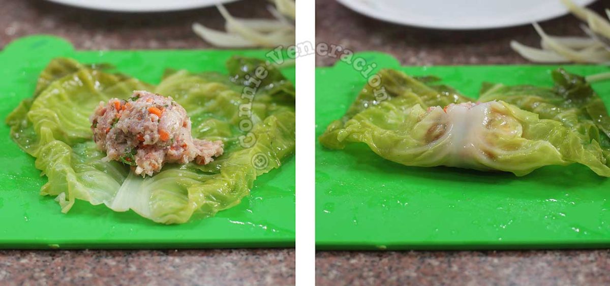 Filling a softened cabbage leaf with pork and shrimp
