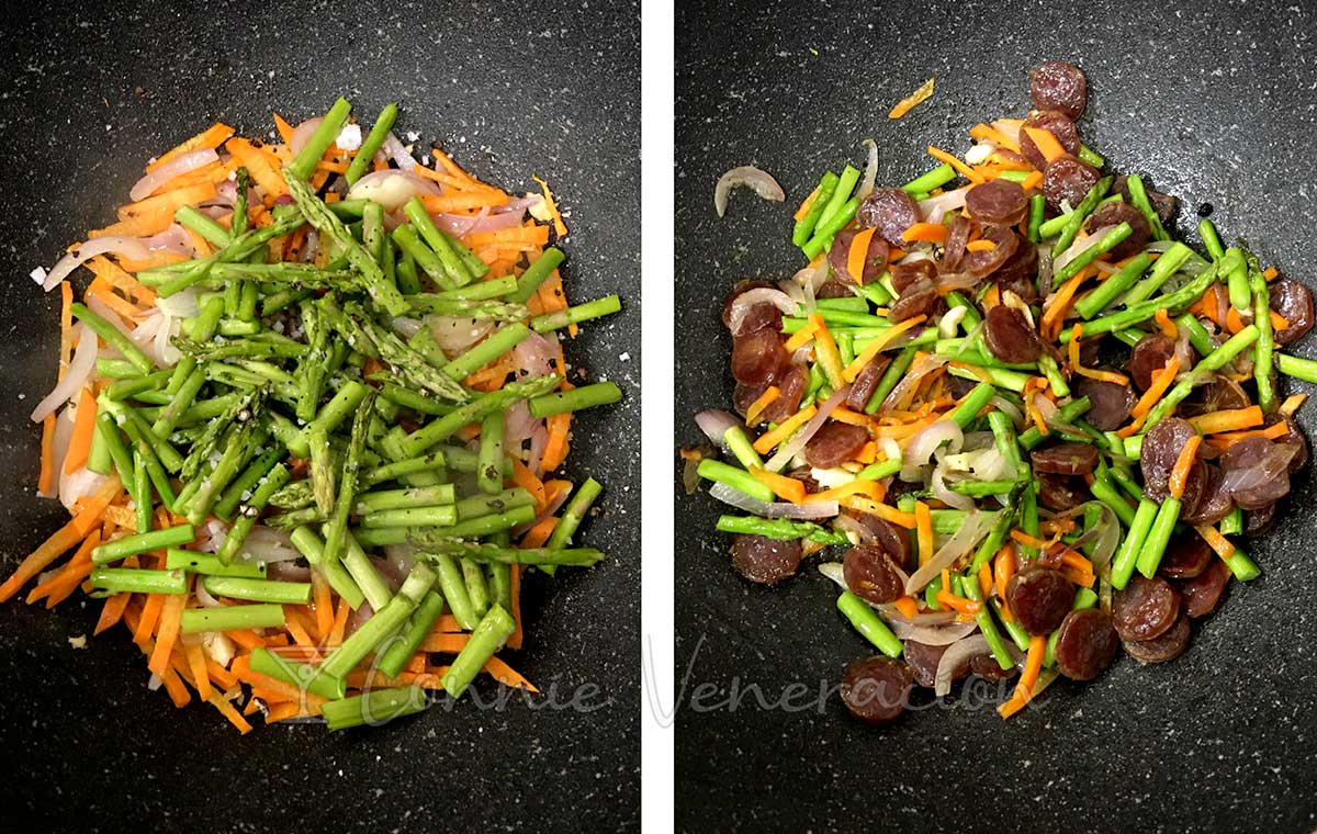 Stir frying carrot, asparagus and Chinese sausages