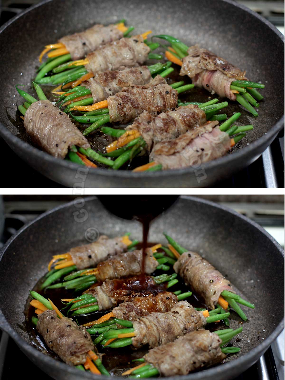 Browning beef-wrapped green beans before braising in soy honey Sriracha sauce