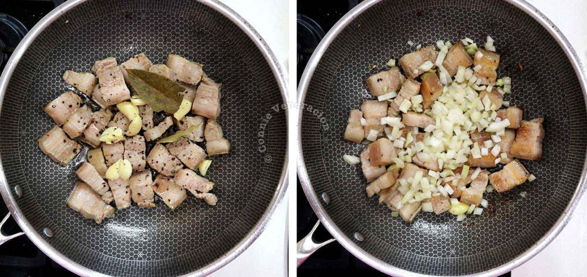 Cooking pork cubes with onion, galic, pepper and bay leaves
