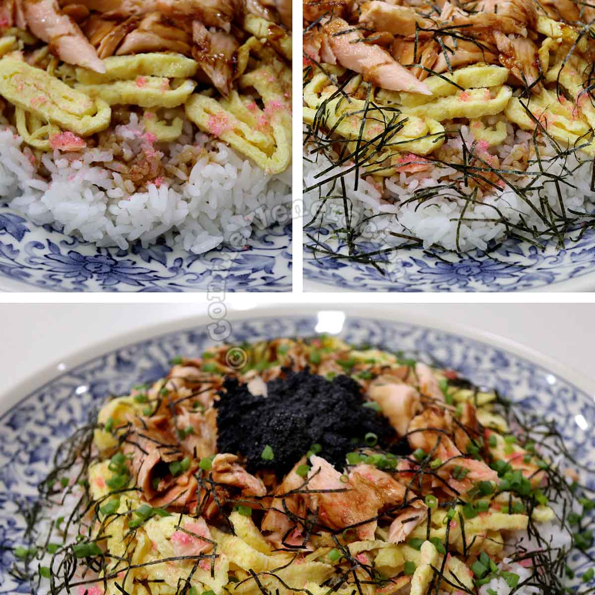 Assembling Chirashi (scattered) sushi platter: sakura denbu, kizami nori and tobiko