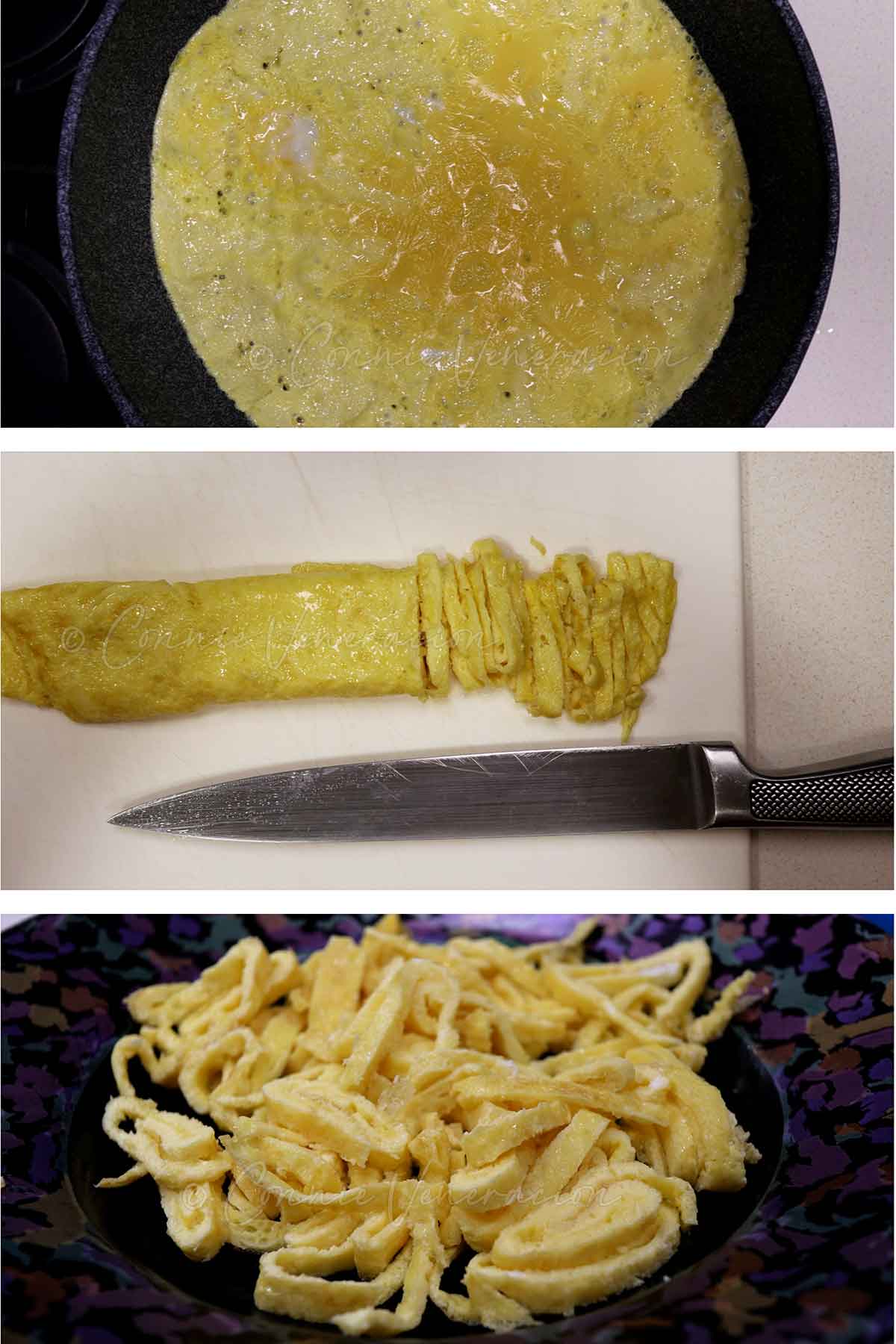 Cutting egg crepe into thin strips