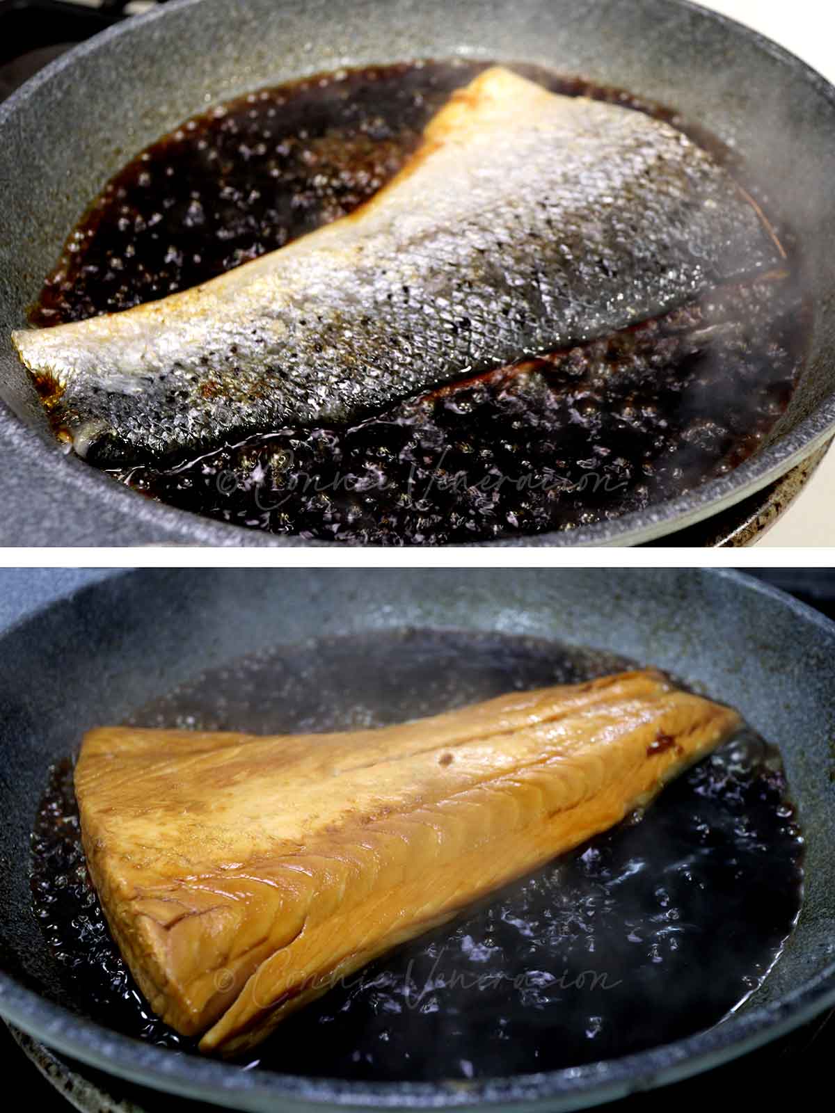 Cooking a salmon fillet in teriyaki sauce