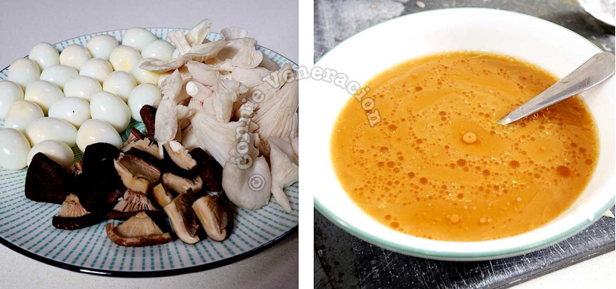 Mushrooms, quail eggs and sauce for chicken chop suey
