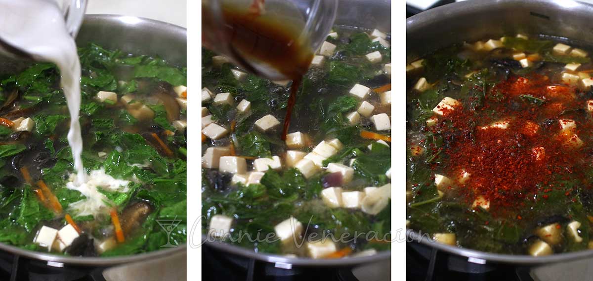Pouring in starch solution and black vinegar to make hot and sour soup