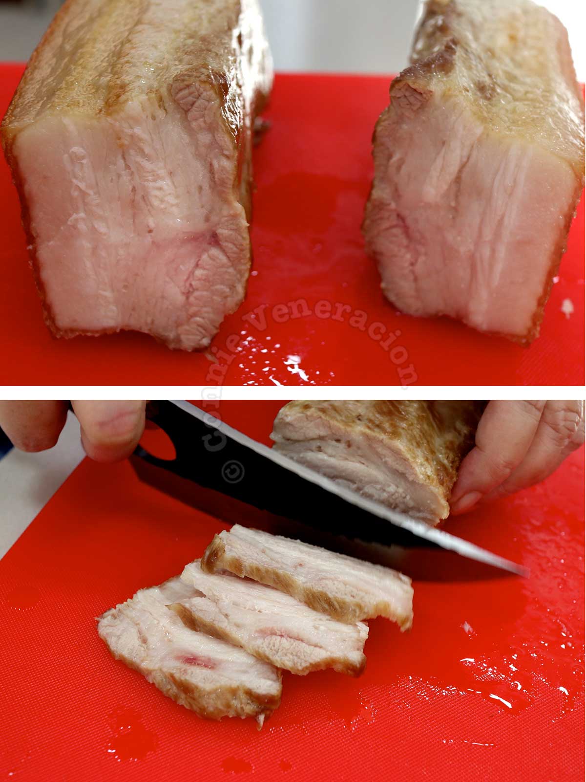 Slicing partially cooked pork belly