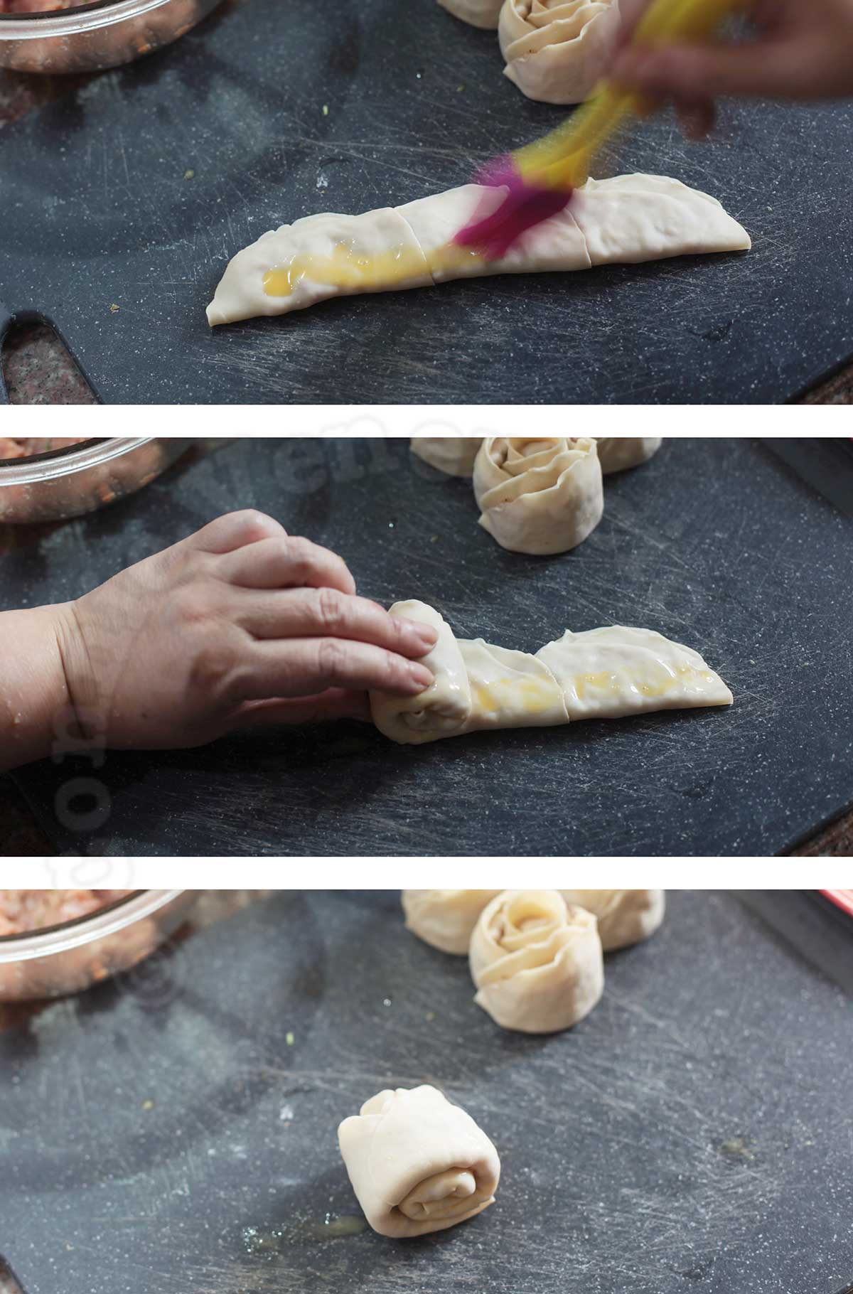 Forming filled wonton wrappers into rosebuds