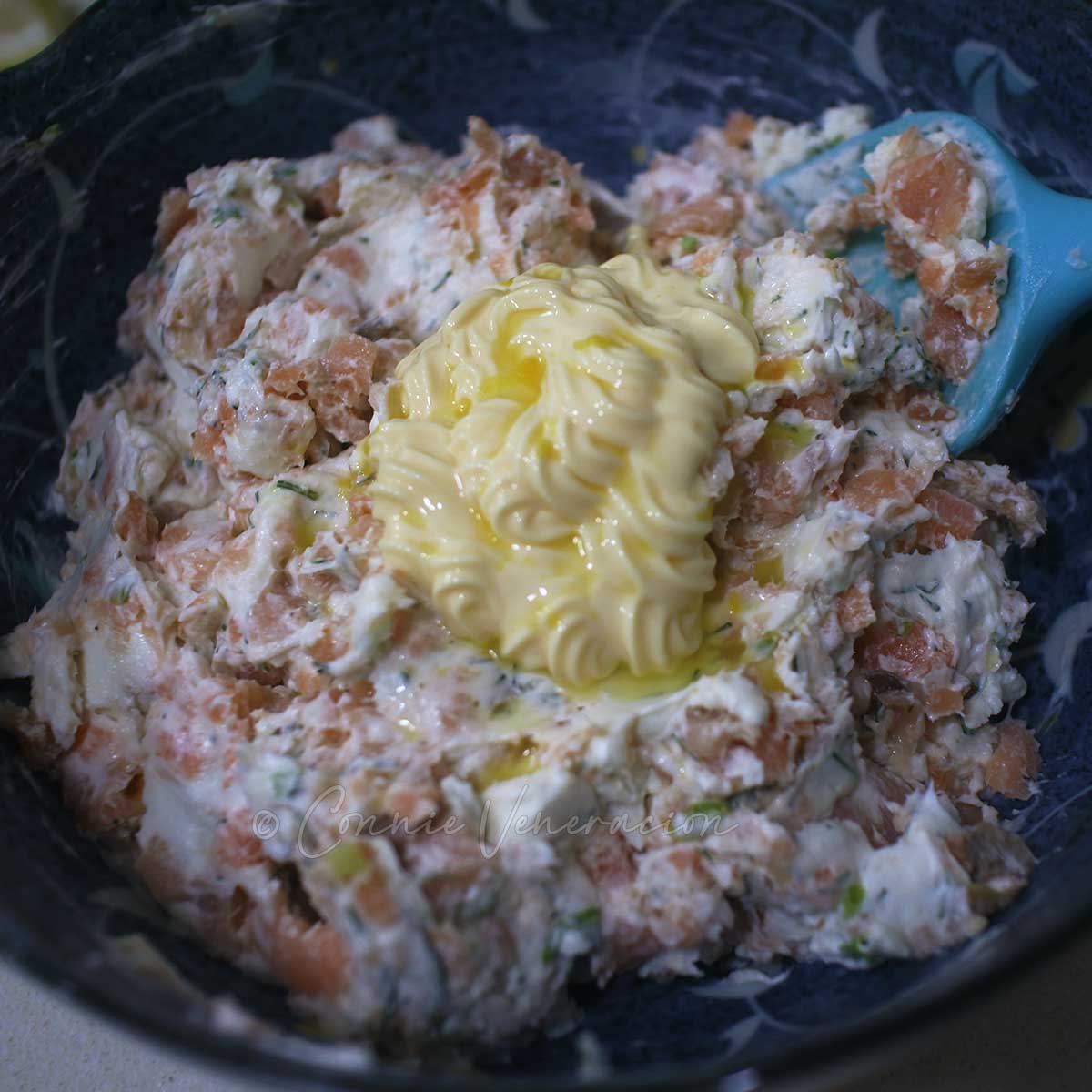 Adding Japanese mayo and lemon juice to smoked salmon and cream cheese pâté