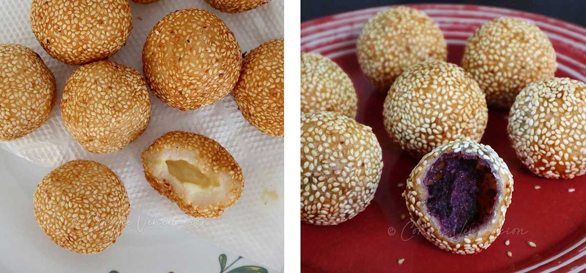 Sesame balls with cheese and ube (purple yam) filling